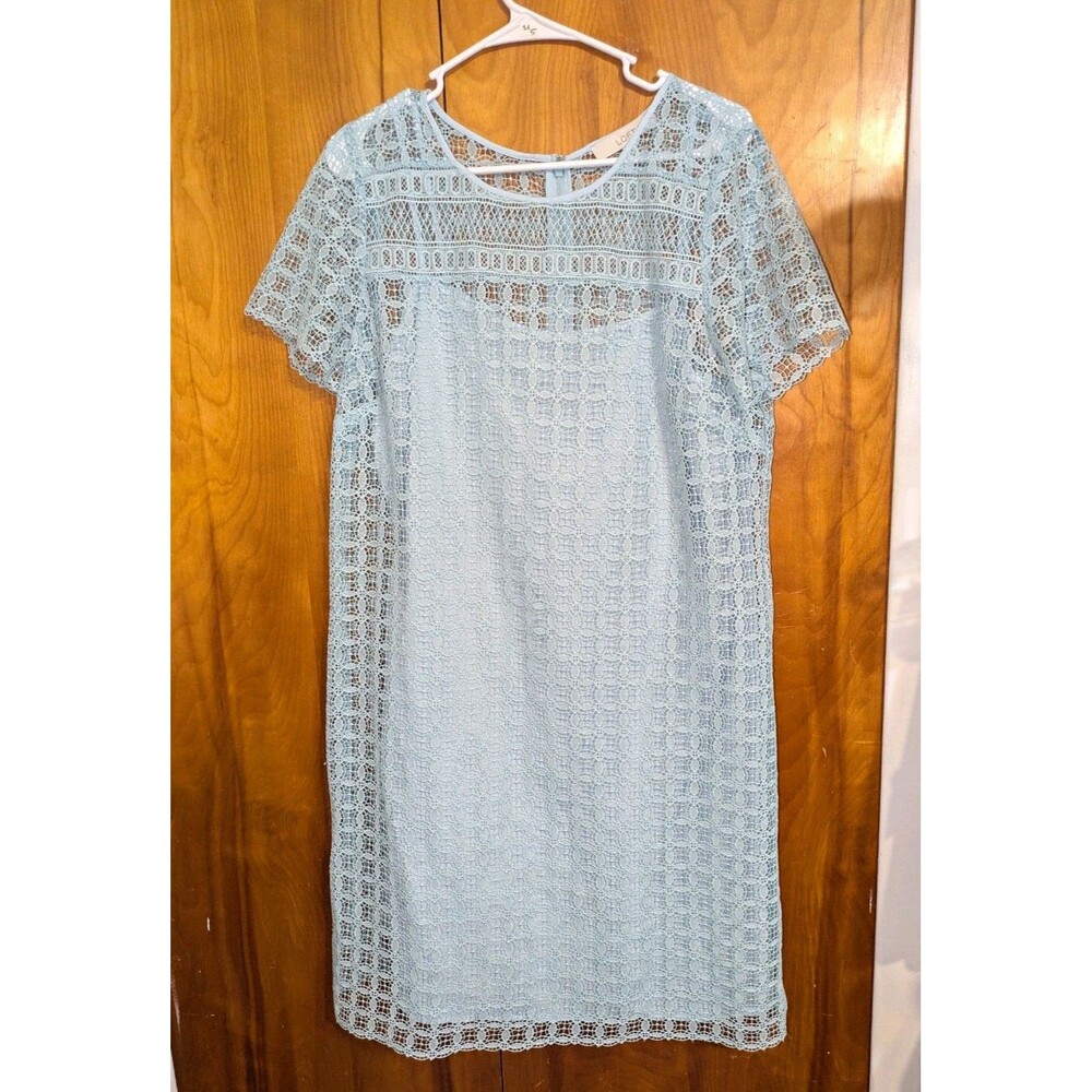LOFT Blue Lace Lined Shift Dress Round Neck Short Sleeve Knee Length Size 14